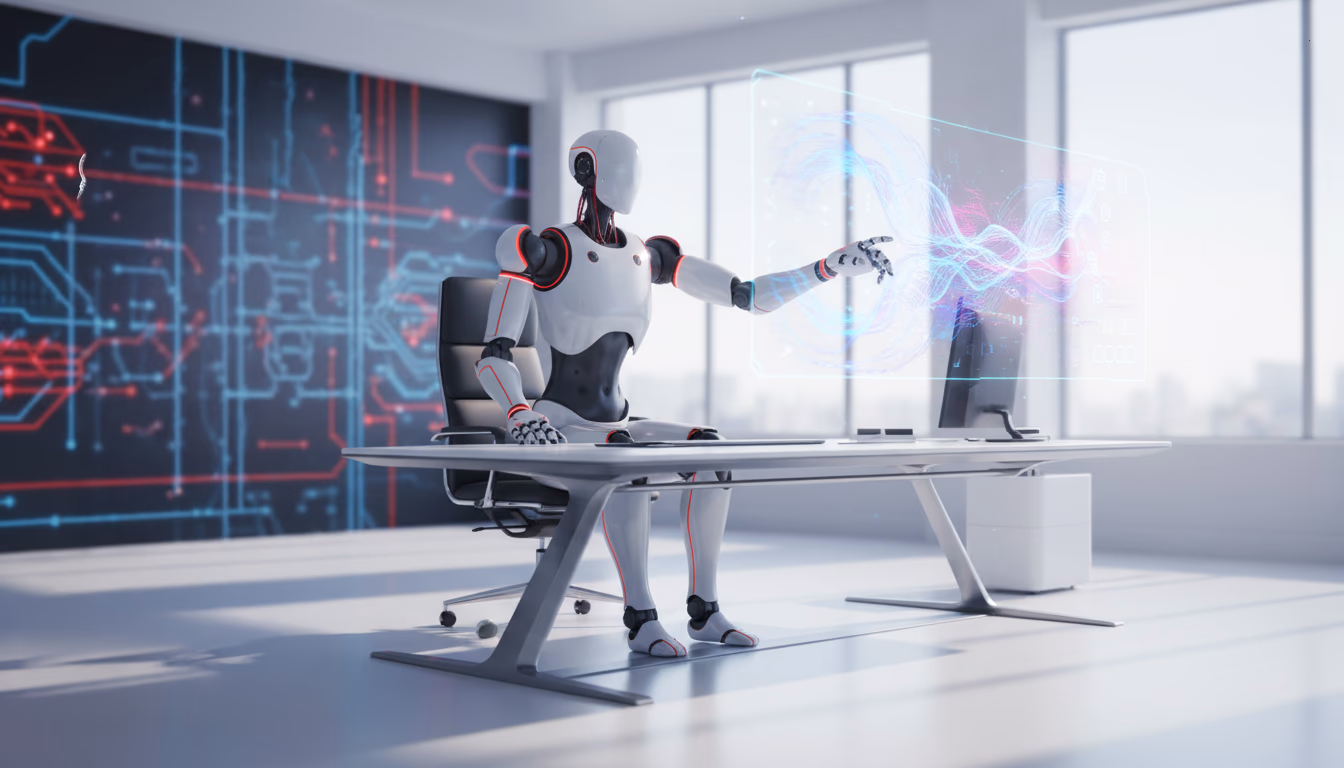 Humanoider Roboter am Schreibtisch eines hellen Büros, der eine holografische Datenvisualisierung bedient – Sinnbild für KI-gestützte Designprozesse bei innovia tas